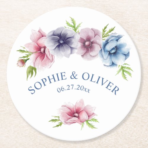 Watercolor Anemone Flower Wedding Round Paper Coaster