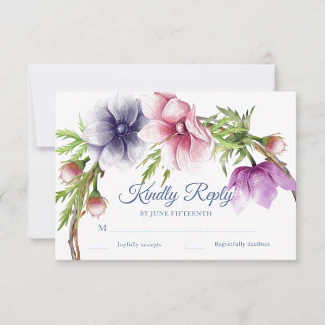 Watercolor Anemone Flower Wedding RSVP Cards (Front)