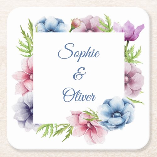 Watercolor Anemone Flower Wedding Square Paper Coaster