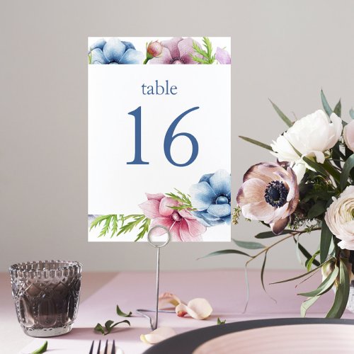 Watercolor Anemone Flower Wedding Table Number