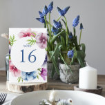 Watercolor Anemone Flower Wedding Table Number<br><div class="desc">These table number cards features an elegant blue script on a white background surrounded by gorgeous Anemone flowers in pink,  lavender,  blue,  purple and violet with green leaves. The text can be personalized by editing the text boxes. Designed for you by Evco Studio © at www.zazzle.com/store/evcostudio</div>