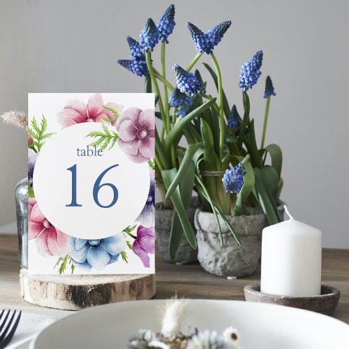 Watercolor Anemone Flower Wedding Table Number