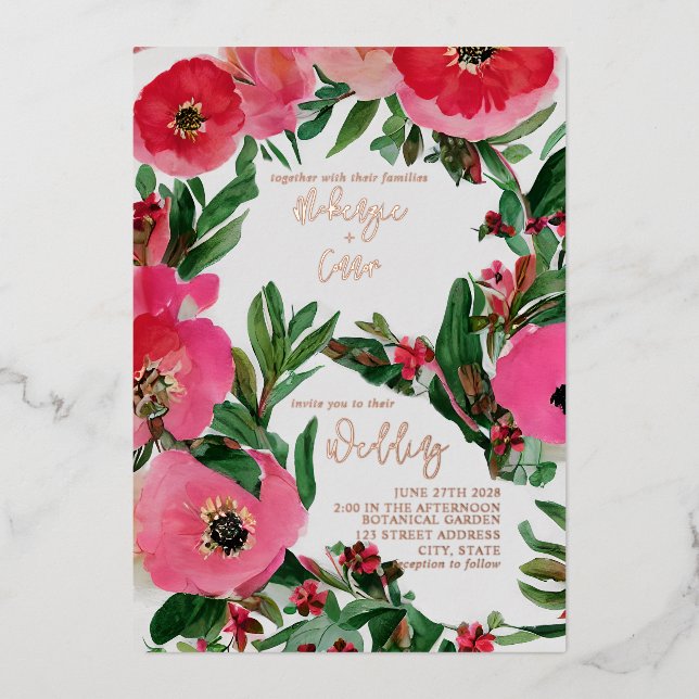 Watercolor Anemone Foil Wedding Invitation (Front)