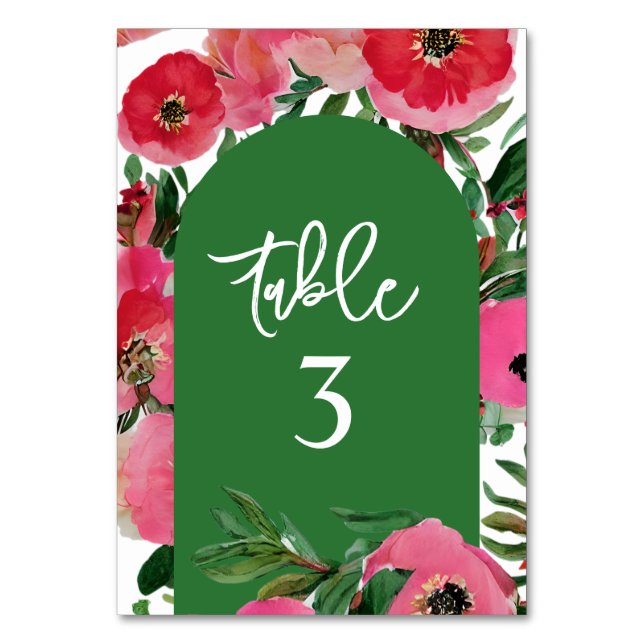 Watercolor Anemone Green Arch Wedding Table Number (Front)