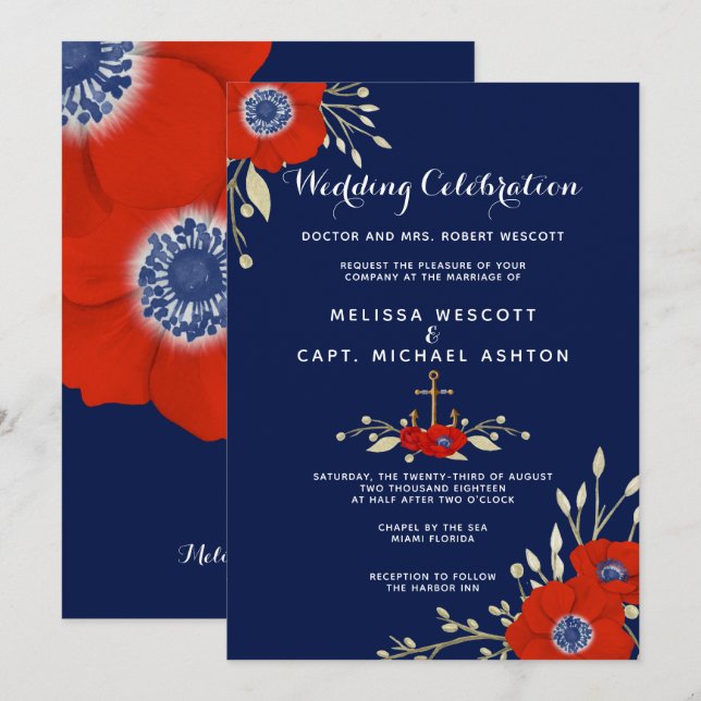 Watercolor Anemone Nautical 🌸⚓Formal Wedding Invitation (Front/Back)