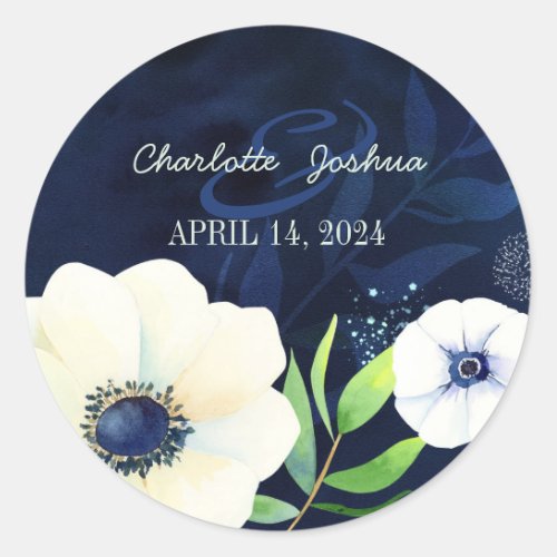 Watercolor Anemone Navy Blue Wedding Classic Round Sticker