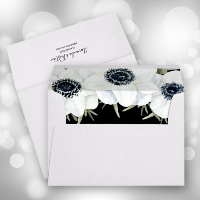 Watercolor Anemones Black and White Lined Envelope (Creator Uploaded)