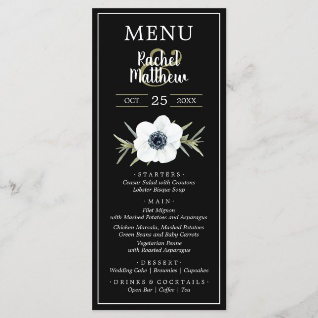 Watercolor Anemones Black and White Wedding Menu (Front)