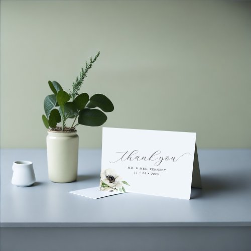 Watercolor Anemones Black  White Script Wedding Thank You Card