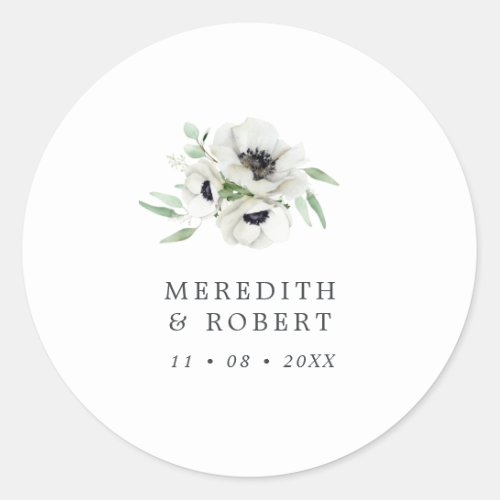 Watercolor Anemones Black  White Winter Wedding Classic Round Sticker