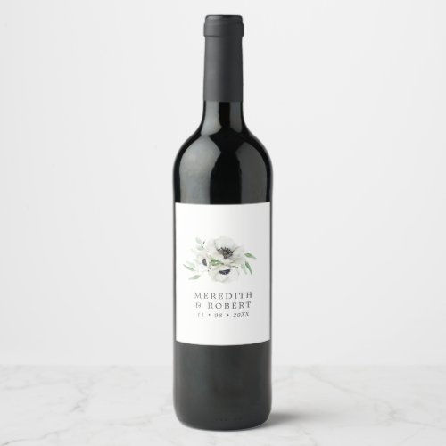 Watercolor Anemones Black  White Winter Wedding Wine Label