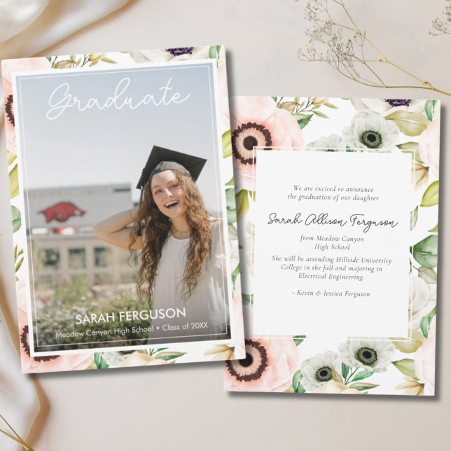 Watercolor Anemones Floral Photo Graduation Announcement (Floral Graduation Announcement)