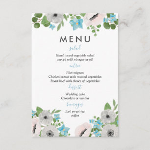 Watercolor Anemones Florals Wedding Menu Invitation