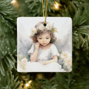 Watercolor Angel Girl With Flowers Ceramic Ornament