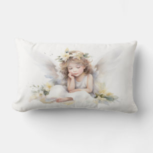 Watercolor Angel Girl With Flowers Lumbar Pillow