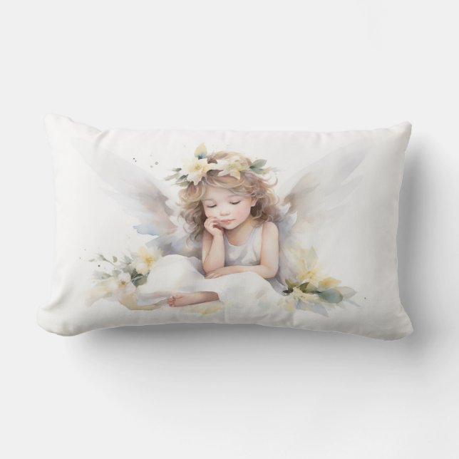Watercolor Angel Girl With Flowers Lumbar Pillow (Front)