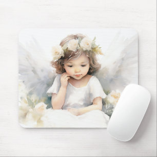 Watercolor Angel Girl With Flowers Mouse Pad