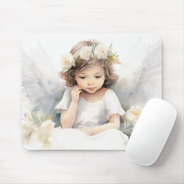 Watercolor Angel Girl With Flowers Mouse Pad (With Mouse)