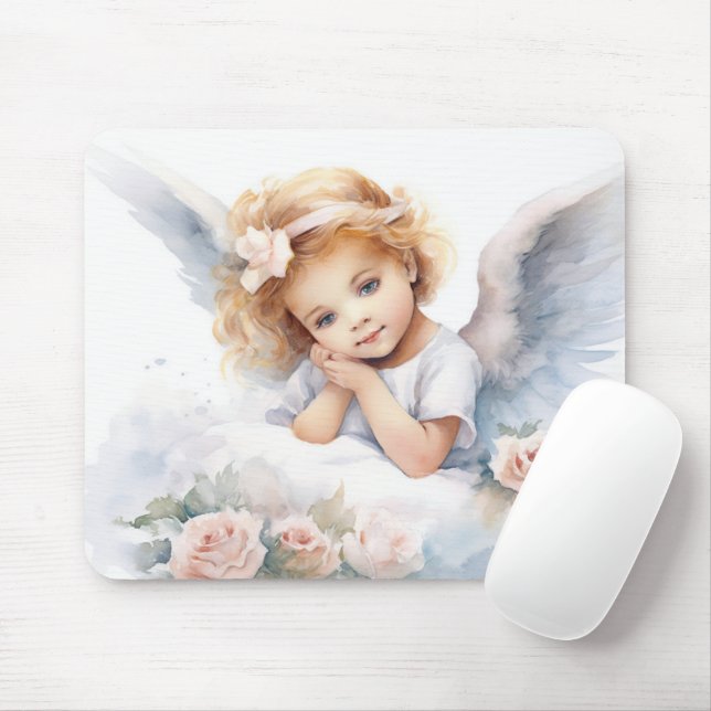 Watercolor Angel Girl With Roses Mouse Pad (With Mouse)