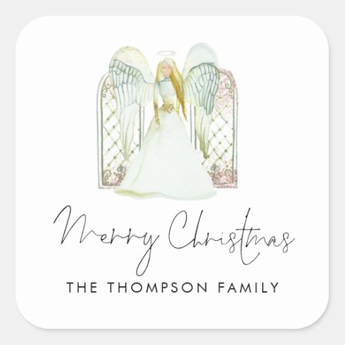 Watercolor Angel Merry Christmas Script  Square Sticker