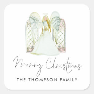 Watercolor Angel Merry Christmas Script Square Sticker