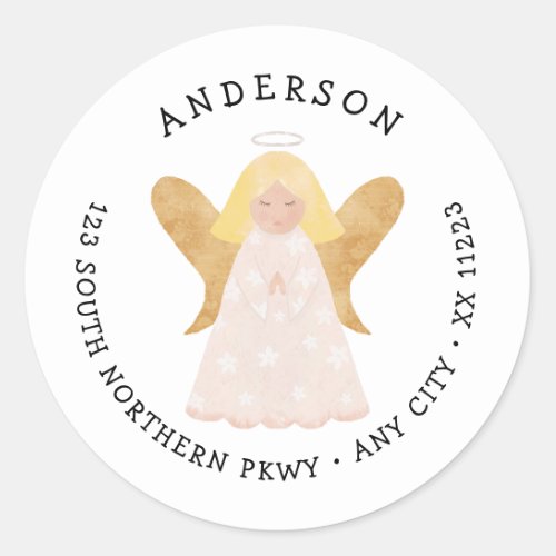 Watercolor Angel return address Classic Round Stic Classic Round Sticker