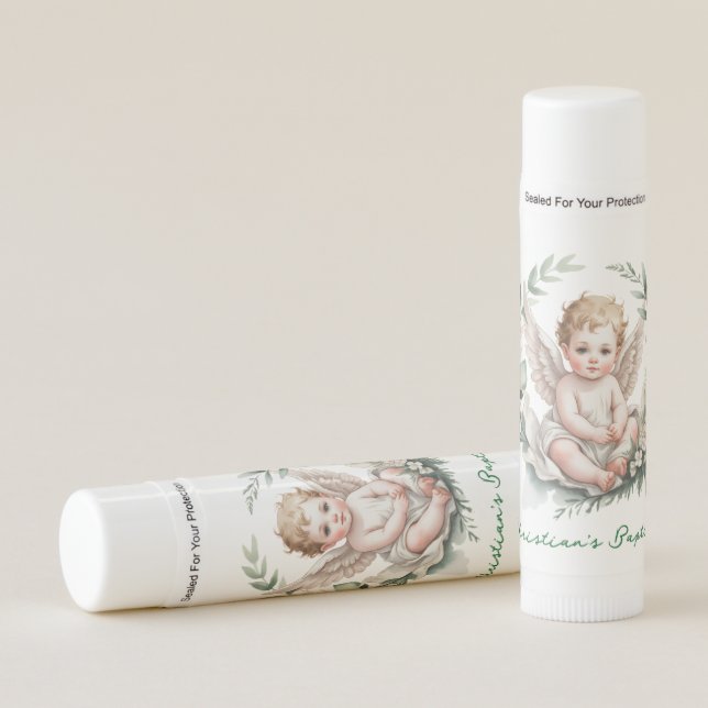 Watercolor Angel Wings Baptism Green Lip Balm (Front)
