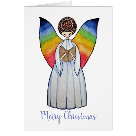 Watercolor Angel With Rainbow Wings Reading A Book (Front)
