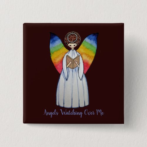 Watercolor Angel With Rainbow Wings Reading A Book Button