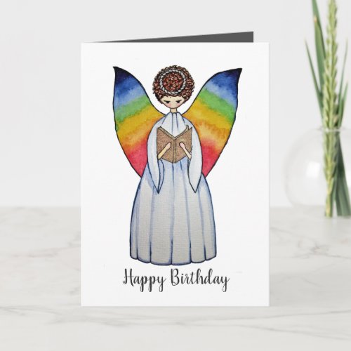 Watercolor Angel With Rainbow Wings Reading A Book Card