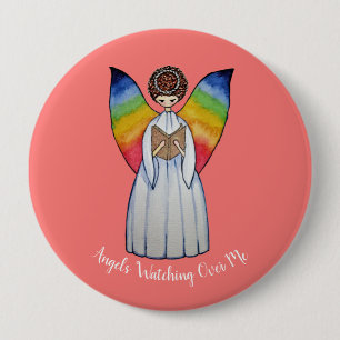 Watercolor Angel With Rainbow Wings Reading A Book Pinback Button