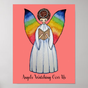 Watercolor Angel With Rainbow Wings Reading A Book Poster