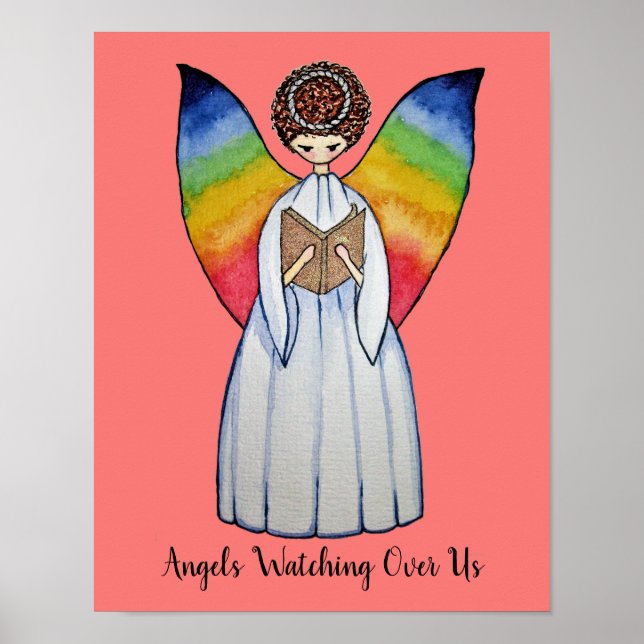 Watercolor Angel With Rainbow Wings Reading A Book Poster (Front)