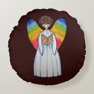 Watercolor Angel With Rainbow Wings Reading A Book Round Pillow