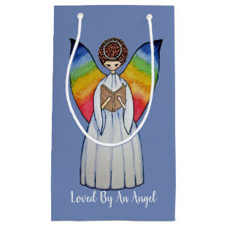 Watercolor Angel With Rainbow Wings Reading A Book Small Gift Bag