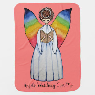 Watercolor Angel With Rainbow Wings Reading A Book Swaddle Blanket