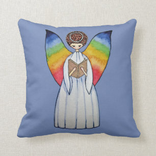 Watercolor Angel With Rainbow Wings Reading A Book Throw Pillow