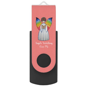 Watercolor Angel With Rainbow Wings Reading A Book USB Flash Drive