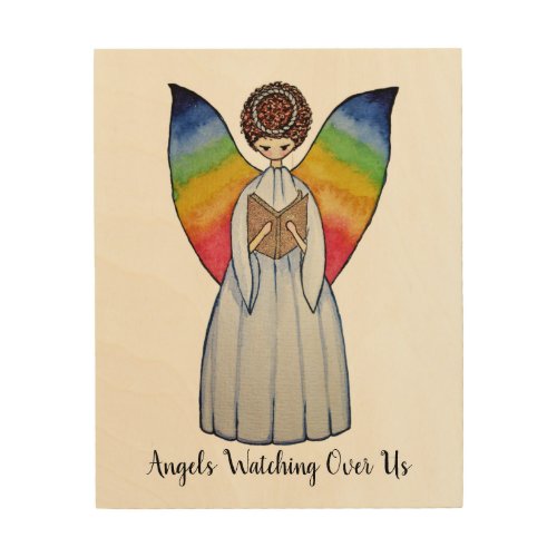 Watercolor Angel With Rainbow Wings Reading A Book Wood Wall Decor