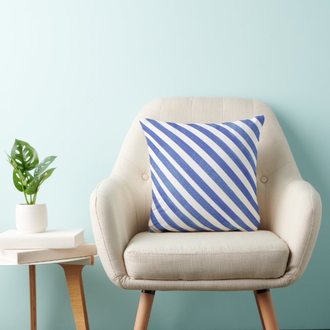 Watercolor Angled Blue and White Stripes Throw Pillow (Chair)