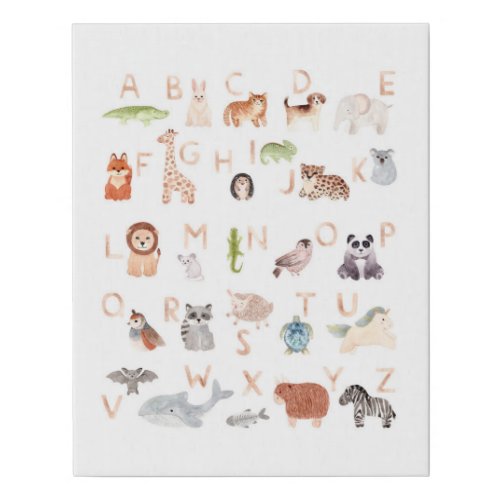Watercolor animal abc kids alphabet Nursery room  Faux Canvas Print