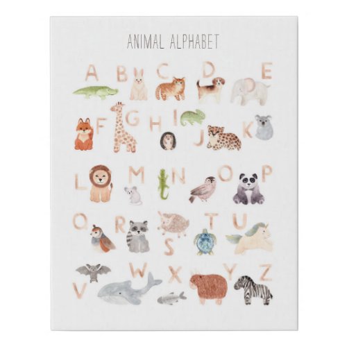 Watercolor animal abc kids alphabet Nursery room Faux Canvas Print