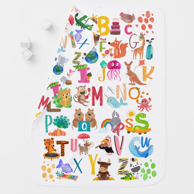 Watercolor Animal Alphabet Adorable Personalized  Baby Blanket (In Situ)