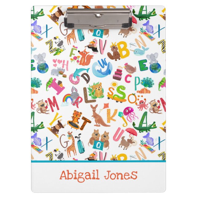 Watercolor Animal Alphabet Adorable Personalized Clipboard (Front)