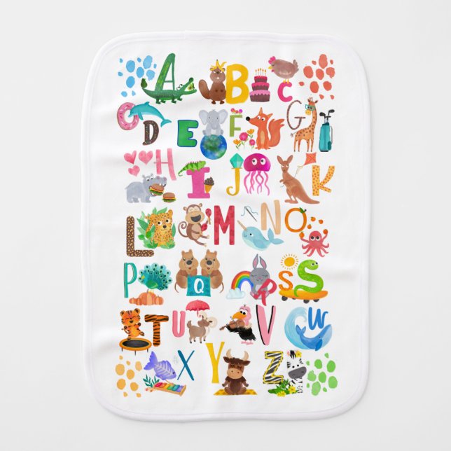 Watercolor Animal Alphabet Cute Kids Educational Baby Burp Cloth (Front)