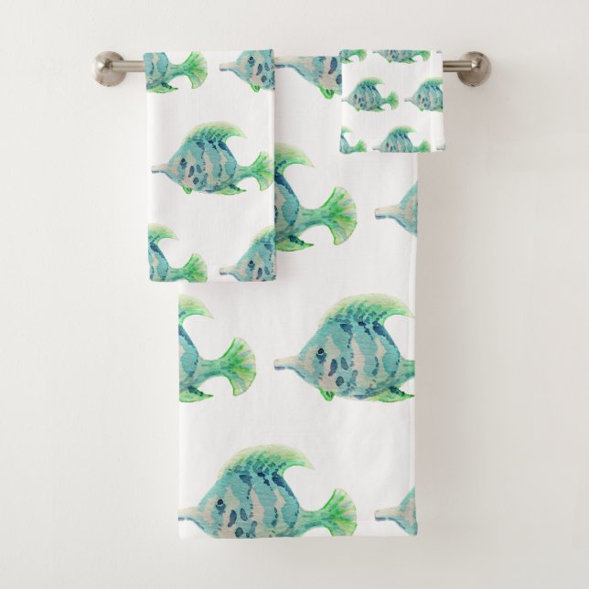 Watercolor Animal Art Blue Tropical Fish Bath Towel Set (Insitu)