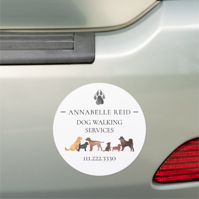 Watercolor Animal Care Dog Walker Business Round Car Magnet (In Situ)
