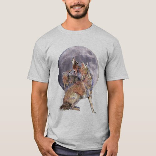 Watercolor Animal Coyote Pack Howling at the Moon T_Shirt