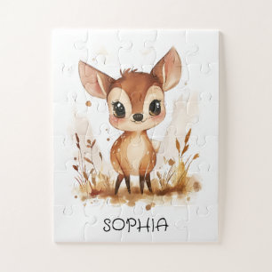 Watercolor Animal Personalized Deer Kids Birthday Jigsaw Puzzle