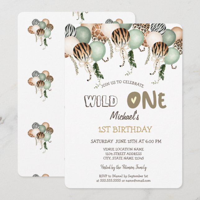 Watercolor Animal Print Balloons 1st Birthday Invitation (Front/Back)